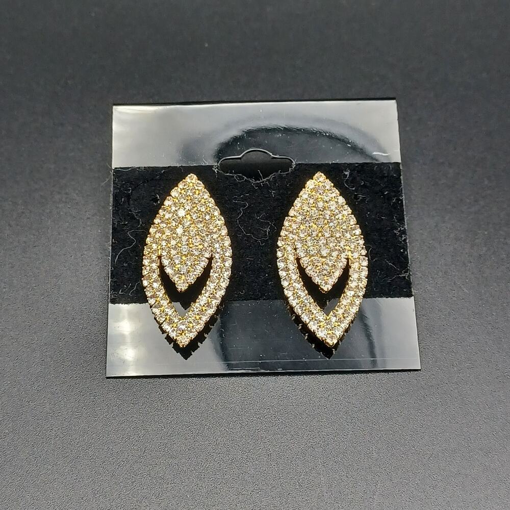 Gold Tone Marquise Statement Stud Earrings Clear Stones Geometric
